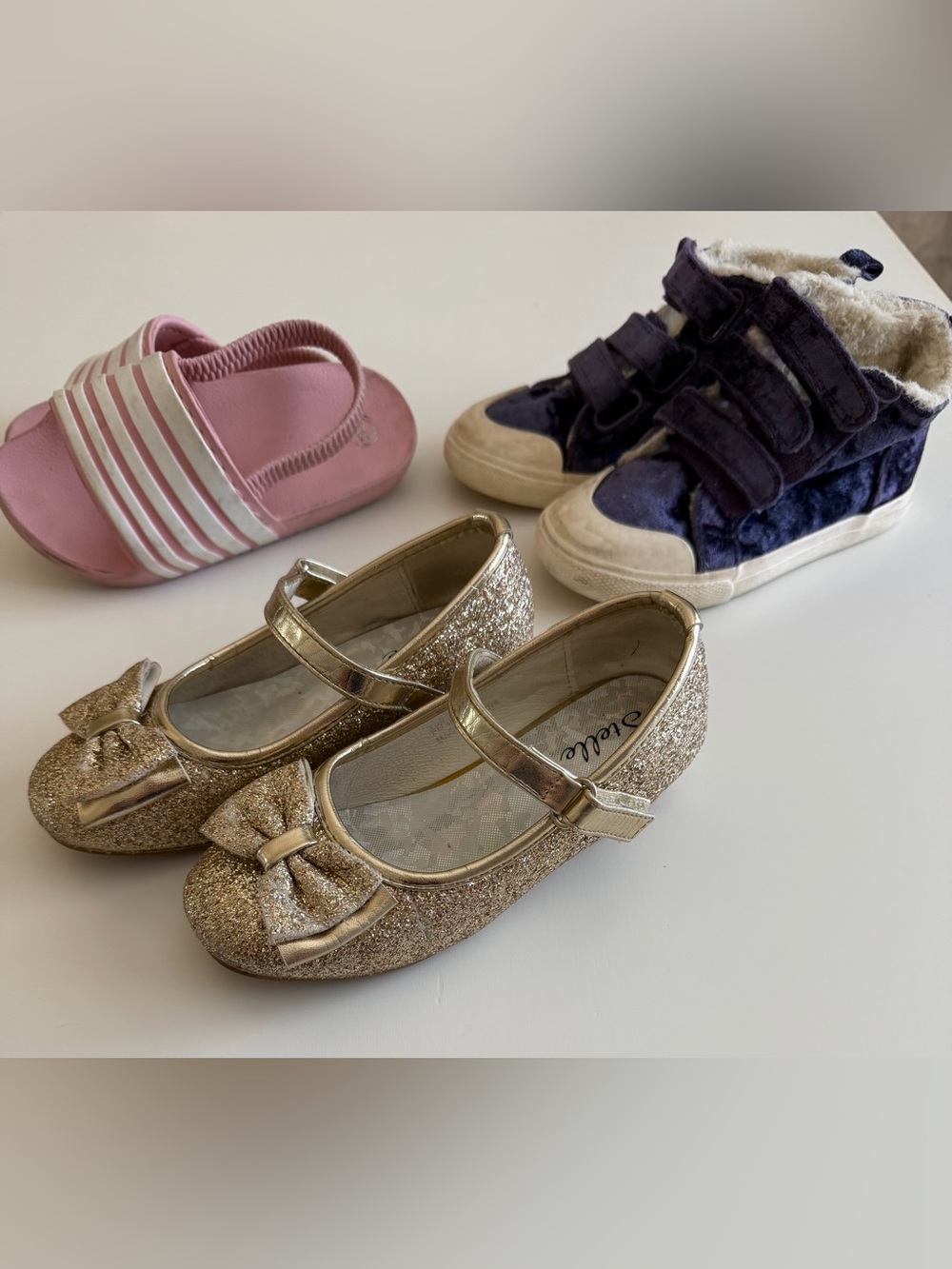 Girls Shoe Bundle Toddler 9/10 Used Heels, Sneakers, Slides. Pink, Purple, Gold